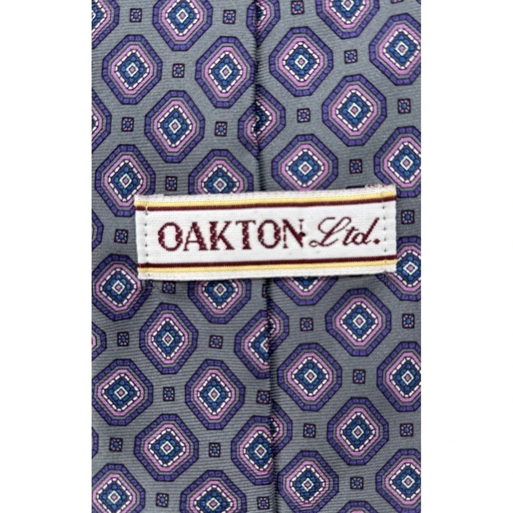 Oakton Ltd Men's 100% Silk Neck Tie, Geometric Purple, Pink, Blue On Gray Formal